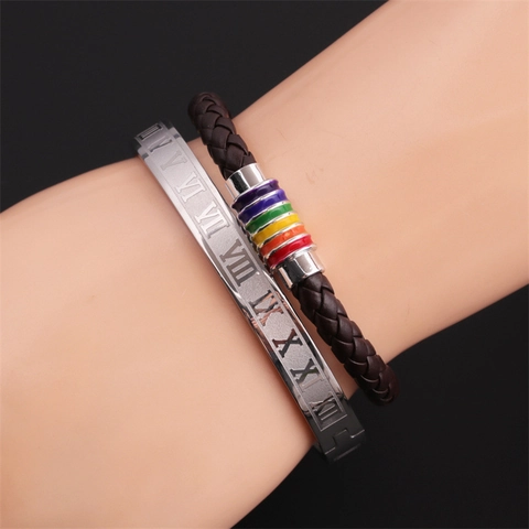 Bracelet pour Hommes en Cuir Véritable Tressé Fermoir Magnétique en Acier Inoxydable Émail Arc-en-Ciel Chiffres Romains Bracelet Bijoux