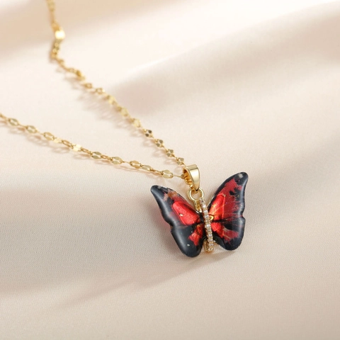 Collana Con Ciondolo A Farfalla Acciaio Inossidabile Rame Gradiente Colorato Resina Intarsiata Con Strass Elegante Donne