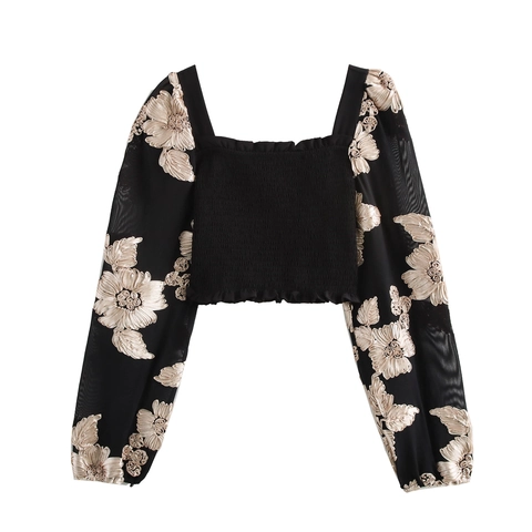 Vintage Dames Blouse Vierkante Hals Bloemenborduurwerk Mesh Lange Mouwen Gesmokt Cropped Zwart Fashion Top
