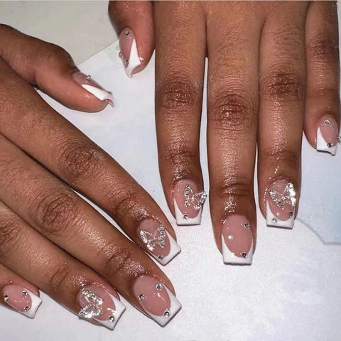 Press On Nails White French Tip Butterfly 3D Charm Rhinestone Nude Pink Square Fake Nails Elegant