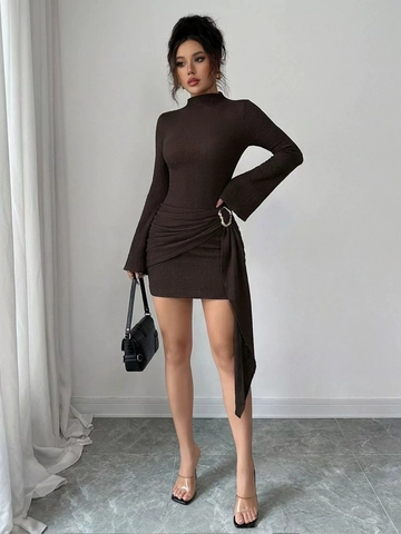 Abito Corto In Maglia A Maniche Lunghe Collo Alto Fianco Arricciato Con Anello Metallico Bodycon Sexy Da Festa