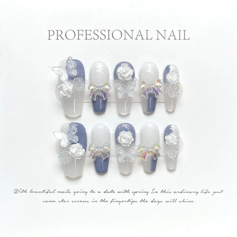 Uñas Postizas Hechas A Mano Mariposa 3D Camelia Lazo Aurora Largo Trapezoide Elegante Dulce Puntas Artificiales