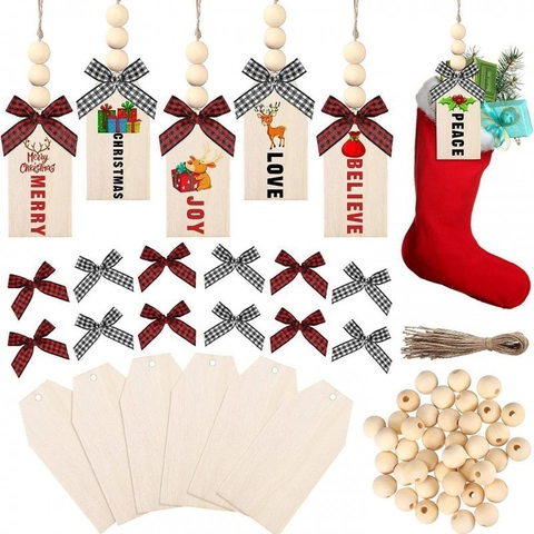 Christmas Wooden Tag Hanging Ornaments With Plaid Bows And Wooden Beads For Stocking Decorations DIY Natural Wood Crafts