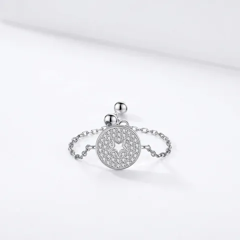 925 Sterling Silver Ring Adjustable Chain Star Hollow Disc Pavé Zircon Elegant Jewelry For Women Fashion Minimalist