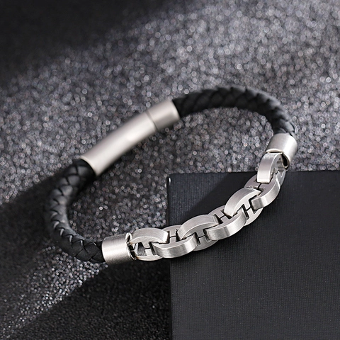 Men Braided Cowhide Leather Bracelet With Stainless Steel H-Link Anchor Chain Decor Retro Punk Wristband