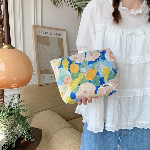 Oil Painting Style Canvas Makeup Bag Portable Toiletry Organizer Pouch Floral Pattern Travel Storage Case For Women