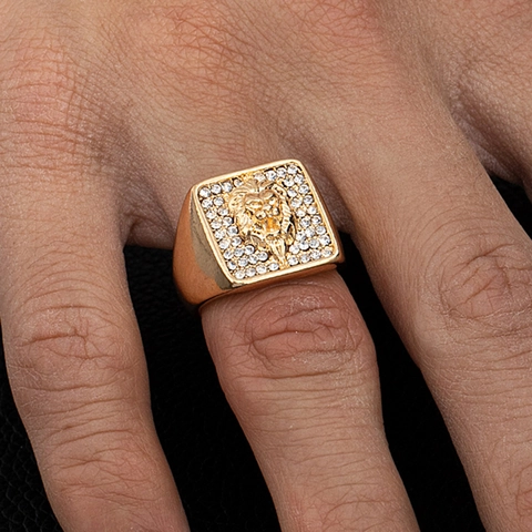 Men Hip Hop Rock Lion Head Ring Alloy With Rhinestones Square Face Gothic Punk Jewelry