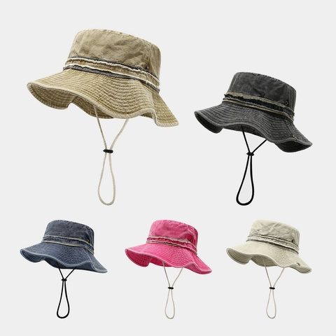 Cappello Da Pescatore In Cotone Denim Lavato Tesa Larga Outdoor Camping Escursionismo Protezione Solare Regolabile Antivento Retro Unisex