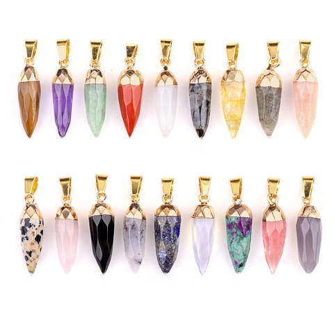 Natural Semi Precious Stone Bullet Pendant Hexagonal Pointed Crystal Chili Shape Gold Plated Alloy Cap Necklace Findings