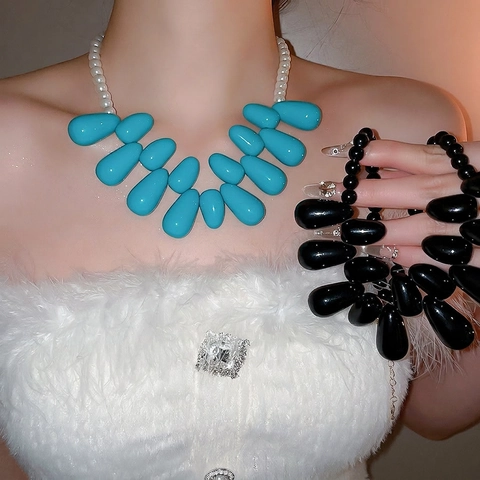 Chunky Acrylic Teardrop Pendant Necklace With Faux Artificial Pearls Clavicle Chain Exaggerated Statement Jewelry For Women