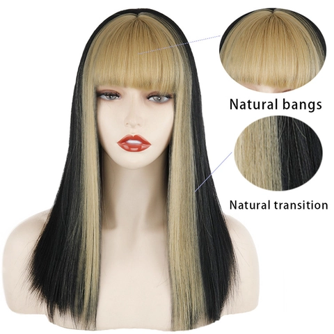 Women Long Straight Wig With Blonde Bangs Money Piece Heat Resistant Synthetic Fiber Two Tone Black Blonde Daily Hairpiece