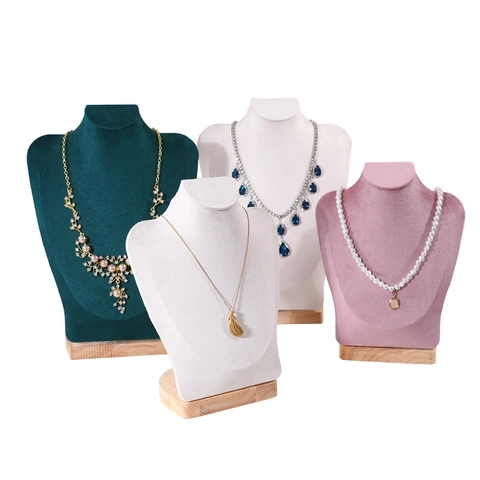 Necklace Display Stand Mannequin Bust With Solid Wood Base Velvet Microfiber Jewelry Portrait Neck Rack For Store Countertop