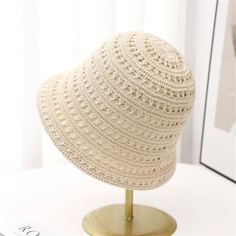 Women Knit Bucket Hat Hollow Breathable Sun Protection Solid Color Japanese Style Crochet Sun Hat