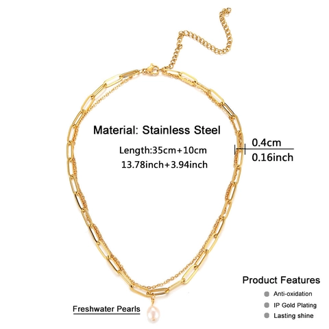 Stainless Steel Double Layer Necklace For Women Freshwater Pearl Pendant Paperclip Chain Gold Silver Plated Elegant Jewelry