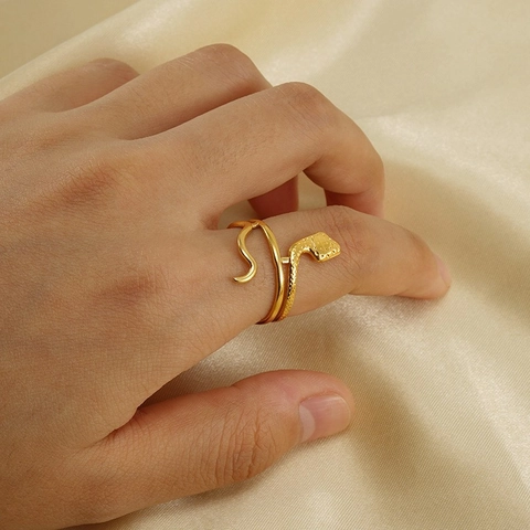 Anillo Serpiente Acero Inoxidable Chapado Oro 18K Ajustable Abierto Espiral Minimalista Ins Moda Joyería Tendencia Mujeres