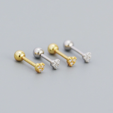 925 Sterling Silver Heart Stud Earrings For Women With Zircon Inlay Sweet Minimalist Style Screw Ball Back Piercing