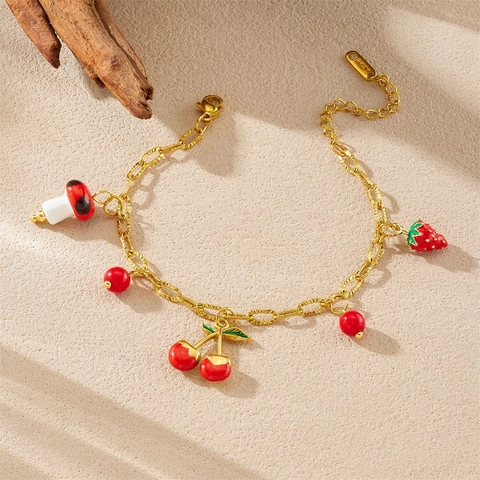 Charm Bracelet Stainless Steel Gold Plated Enamel Strawberry Cherry Mushroom Pastoral Sweet Jewelry For Women