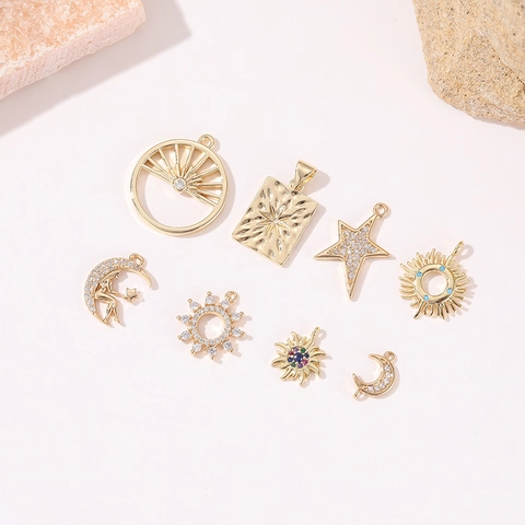 Retro Celestial Pendant Charms Sun Moon Star 14K Gold Plated Copper Zirconia MOP DIY Jewelry Making Accessories