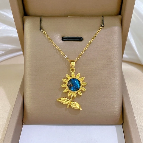 Collana Con Pendente Girasole Oro Acciaio Inossidabile Rame Micro Intarsio Pietra Stellata Blu Gioielli Eleganti