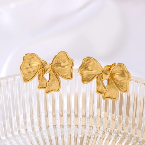 Schleifen Ohrstecker 18K Vergoldet Edelstahl Elegant Minimalistisch Geometrisch Texturiert Schmuck Damen