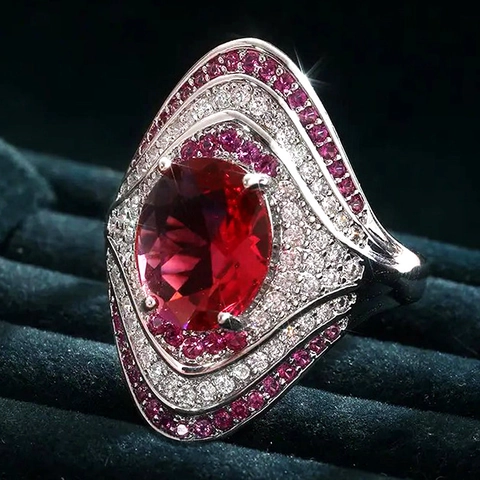Vintage Oval Red Gemstone Ring For Women Copper With Multi Layer Pink White Zircon Luxury Cocktail Banquet Jewelry
