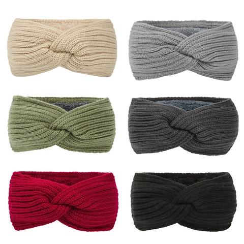 Women Knitted Fleece Lined Headband Winter Warm Elastic Hairband Cross Twist Design Outdoor Sports Ear Warmer