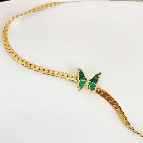 Vintage Design Green Butterfly Pendant Necklace For Women Titanium Steel Gold Plated Delicate Clavicle Chain Jewelry Gift