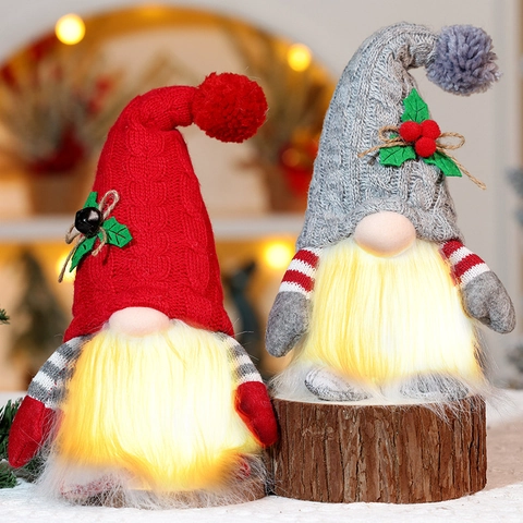 Gnome De Noël Lumineux Poupée Sans Visage Bonnet En Tricot Ornement En Peluche Décor De Table Nordique Cadeau
