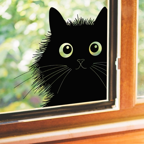 Cartoon Peeking Zwarte Kat Venstersticker Statisch Hechtend Verwijderbaar UV Bedrukt Glazen Deur Decoratie Voor Huis Woonkamer