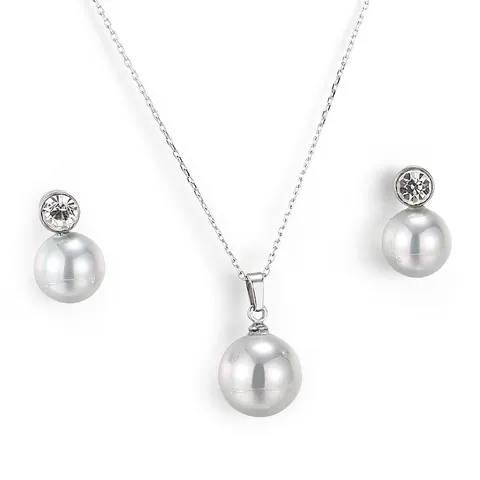 Collar Con Colgante De Perla Artificial De Concha De Acero Inoxidable Y Pendientes De Botón De Estrás Joyas Elegantes Para Mujer