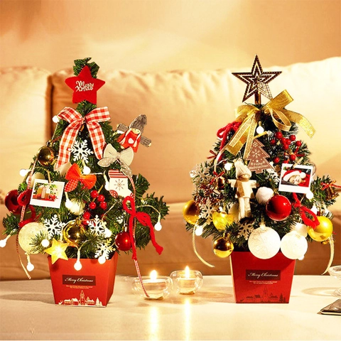 Leuchtender Mini Weihnachtsbaum Schreibtisch Dekoration Künstliche PVC Kiefernadel Warme LED Lichter Ornamente Feiertags Geschenk