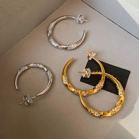 Boucles D'Oreilles Créoles Torsadées En Forme De C Avec Zircon Pavé Bijoux Tendances Avec Tige En Argent Pour Femmes