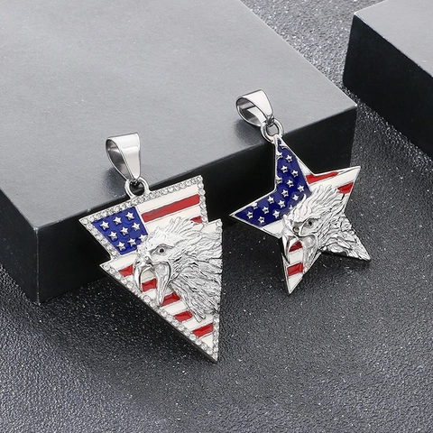Patriotic US Flag Eagle Head Pendant Necklace Stainless Steel Enamel Star Triangle Hip Hop Punk Jewelry For Men