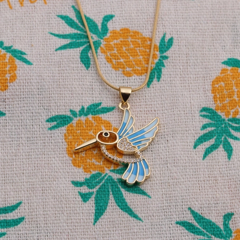 Hummingbird Pendant Necklace Copper With Enamel Wings And Micro Pave Zircon Lucky Bird Jewelry Gift For Women