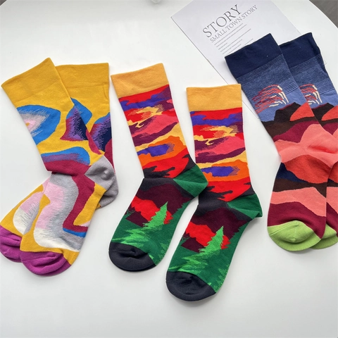 Französisch Kunst Illustration Crew Socken Für Damen Baumwollmischung Abstrakte Ölgemälde Muster Mode Ästhetik Mittlere Waden Socken