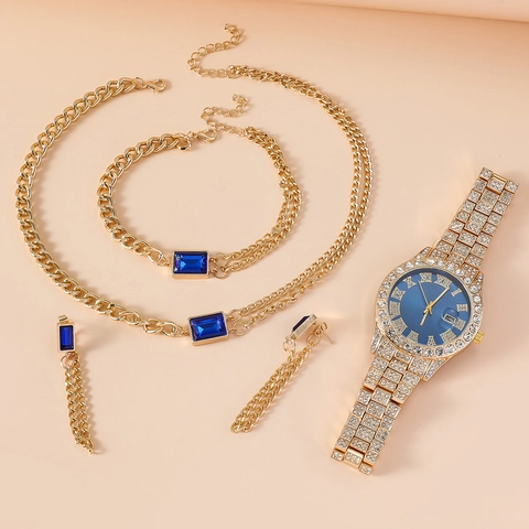 Fashion Luxury Women Watch Set With Necklace Bracelet Earrings Stainless Steel Alloy Rhinestone Quartz Watch Jewelry Gift Set
