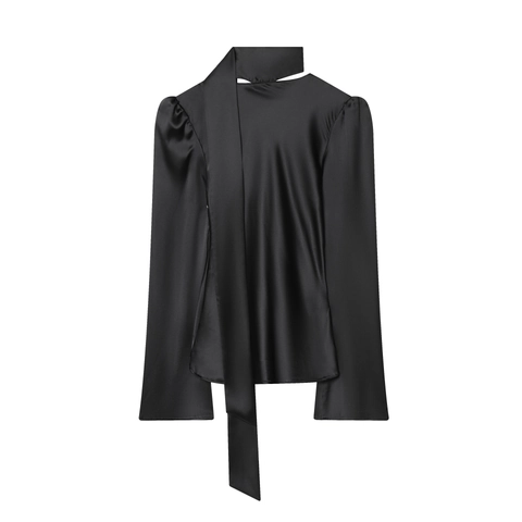 Elegante Blusa In Raso Da Donna Manica Lunga Scollo A V Sciarpa Cravatta Pullover Camicia Moda Ufficio Top