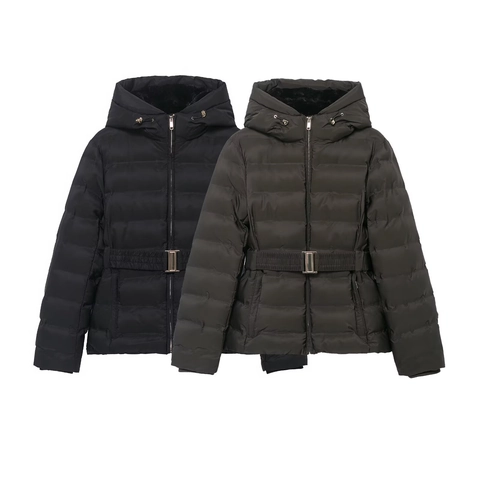 Women Puffer Jacket Hooded Windproof Waterproof Slim Fit Winter Warm Outerwear With Belt Horizontal Quilted Polyester