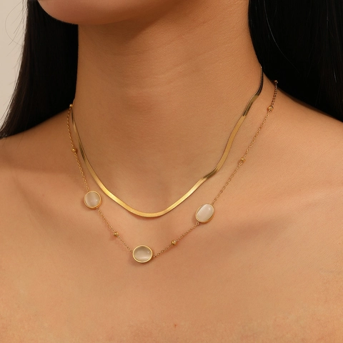 Collana A Strati Acciaio Inossidabile Placcato Oro 18K Con Pietra Occhio Di Gatto Bianca Gioielli Chic Minimalisti