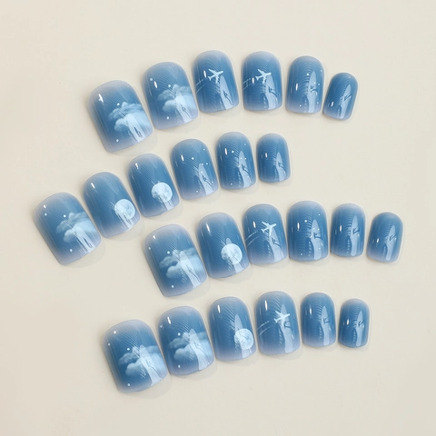 Short Square Plastic Press On Nails Blue Gradient Starry Sky Moon Plane Pattern Artificial Fingernails For Women