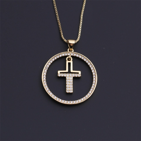 Collana Con Pendente Rotondo Rame Placcato Oro Intarsio Di Zirconi Croce Stella Religioso Gioielli Per Uomo Donna