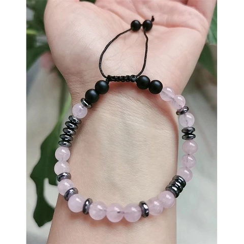 Pulsera Código Morse Cuarzo Rosa Piedra Mate Hematita Ajustable Tejida A Mano Joyería Regalo Significativo