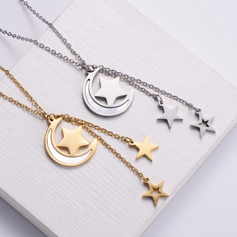 Star Moon Pendant Necklace Earrings Stainless Steel Mother Of Artificial Pearl Inlay 18K Gold Plated Fashion Jewelry Women
