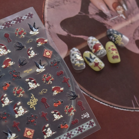 3D Embossed Nail Art Stickers Relief Chinese Style Rabbit Lucky Character Moon Swallow Design Self Adhesive DIY Decor For Women