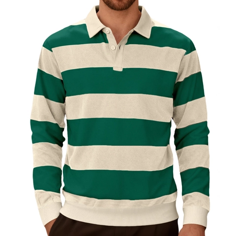 Men Long Sleeve Polo Shirt Horizontal Striped Contrast Color Knitted Casual Athletic Lapel Top For Men