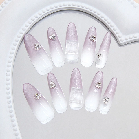 Handmade Press On Nails Long Almond Gradient Purple Cat Eye Glitter Rhinestone Studs ABS Removable Manicure