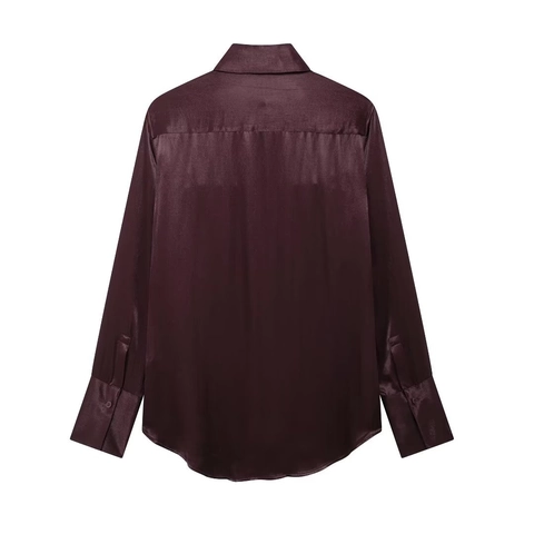 Blusa Satinada De Mujer Manga Larga Elegante Color Sólido Cuello Solapa Con Bolsillos En El Pecho Oficina