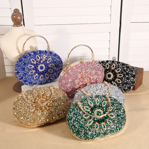 Luxury Rhinestone Evening Bag Floral Pattern Oval Hard Shell Clutch Bag With Metal Handle For Women Wedding Party