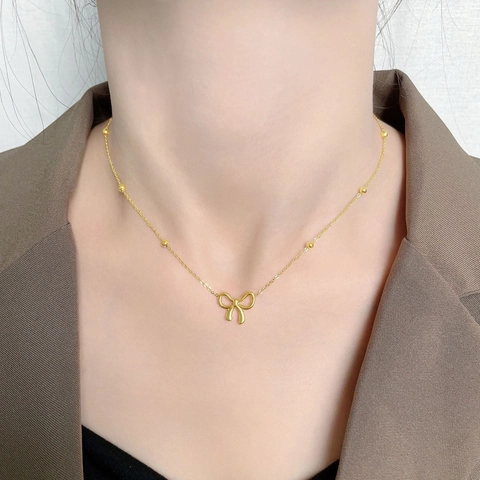 Collar Con Colgante De Lazo Dulce Acero Al Titanio Chapado En Oro Cadena De Perlas Joyas Elegantes Para Mujeres