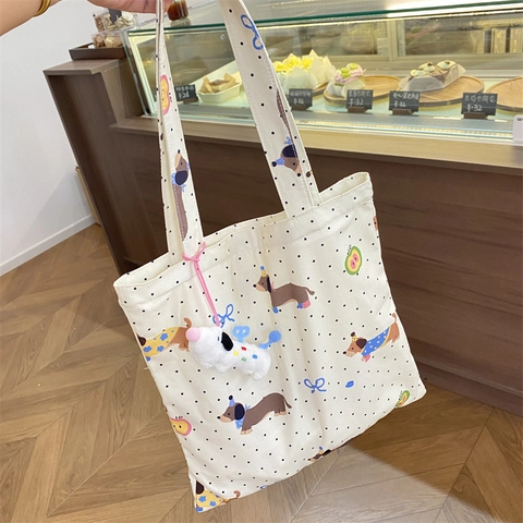 Dachshund Print Canvas Tote Bag Polka Dot Large Capacity Shoulder Handbag With Plush Dog Charm For Women Casual Shopping